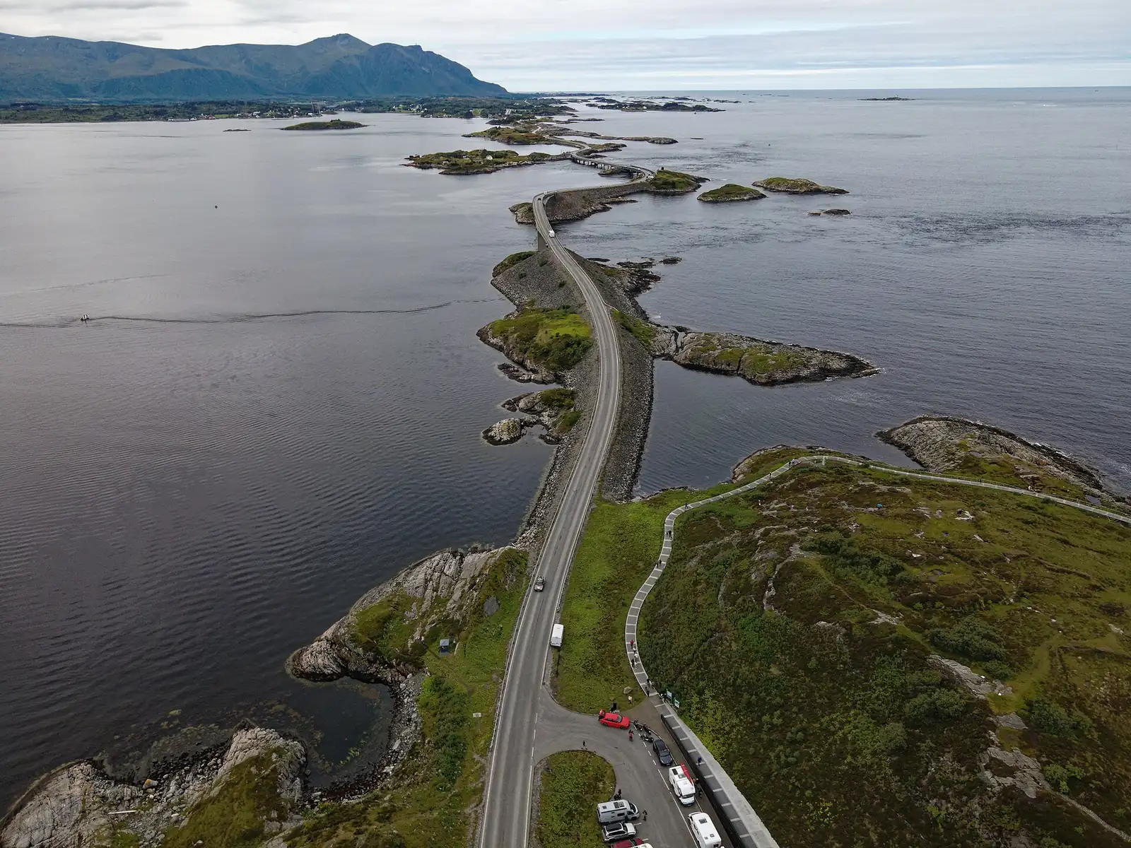 Aerial drone view of the Atlantic Road snaking across its islets