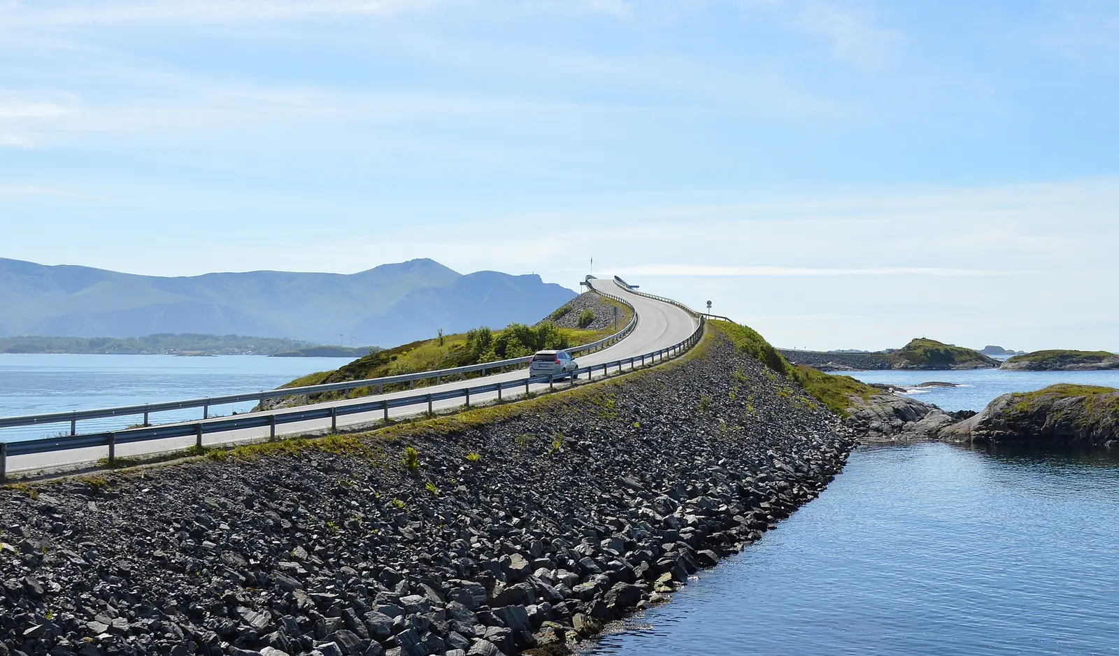 Low angle view of Storseisundet Bridge over rocky shore, Norway