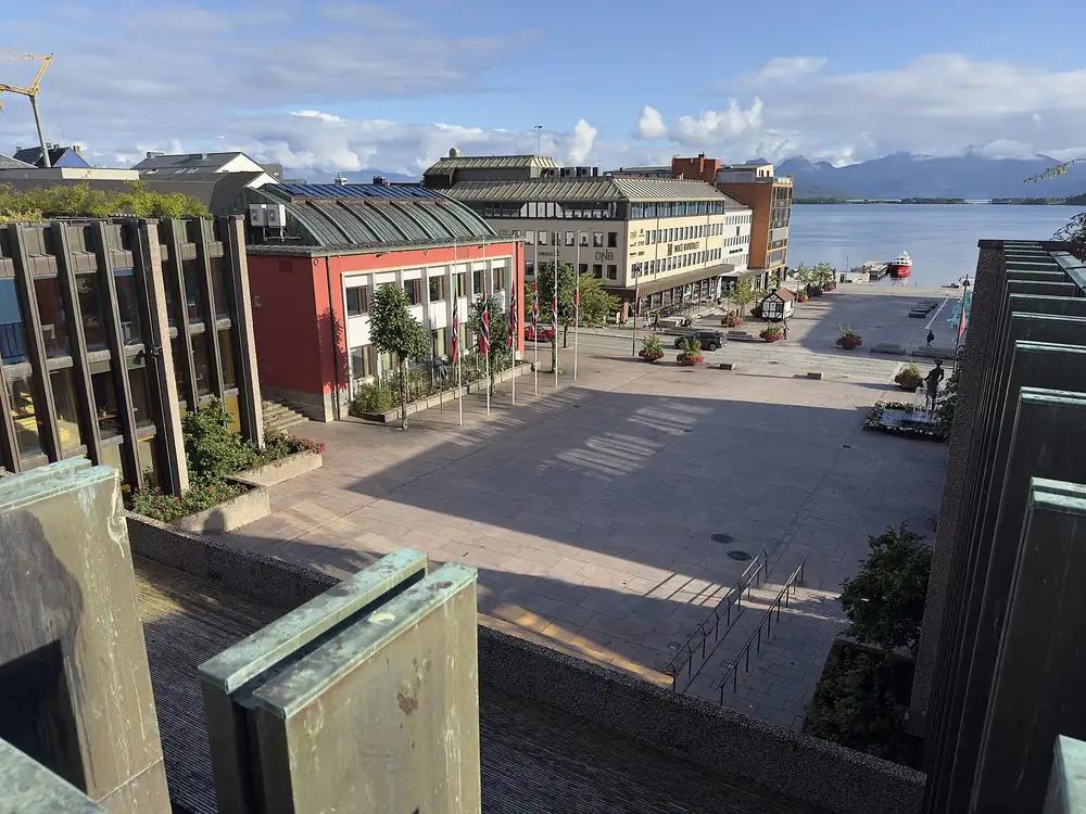Molde town centre and harbour below the Romsdal mountains, Norway