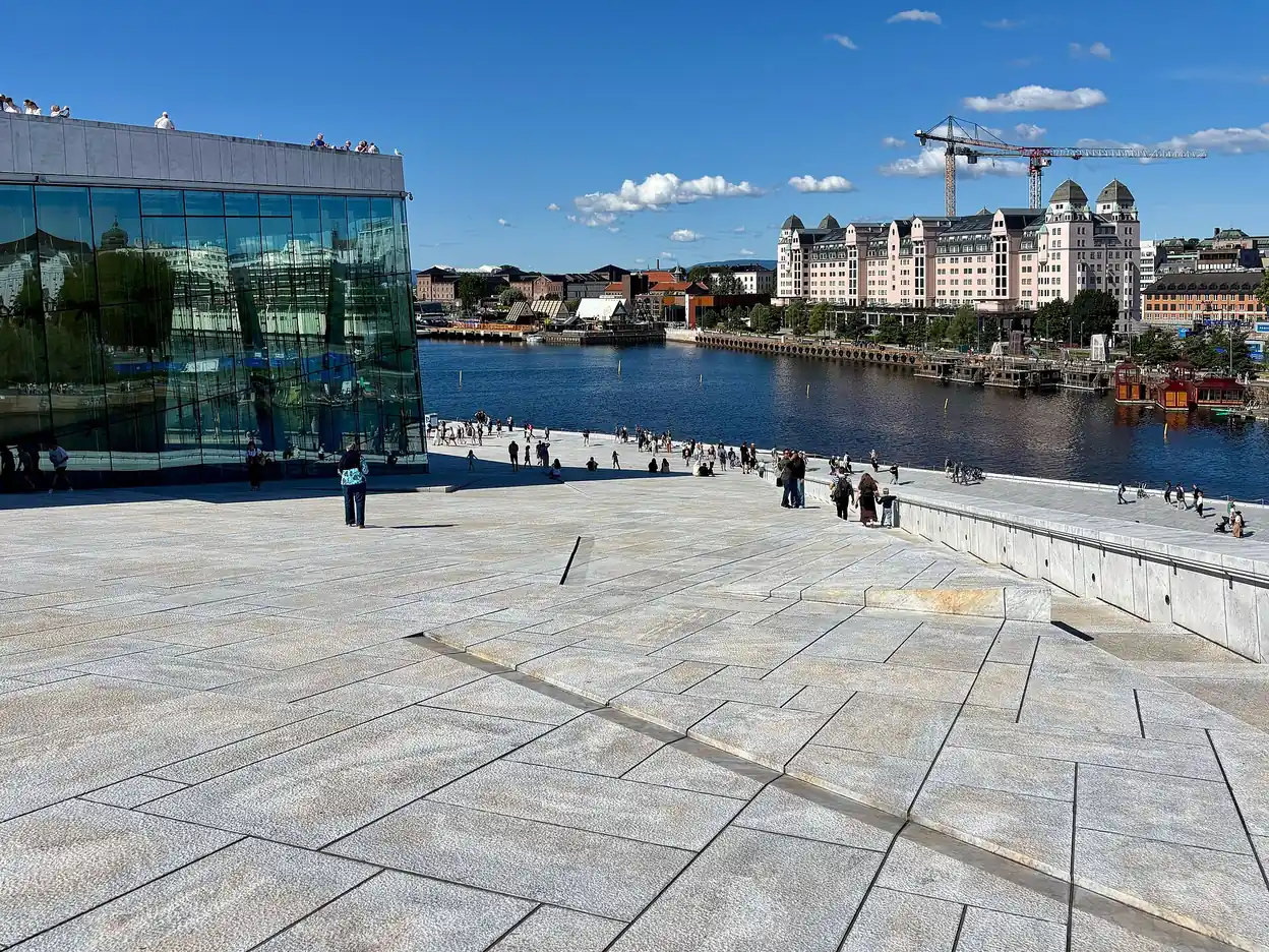 Oslo harbour and waterfront seen from the Opera House roof