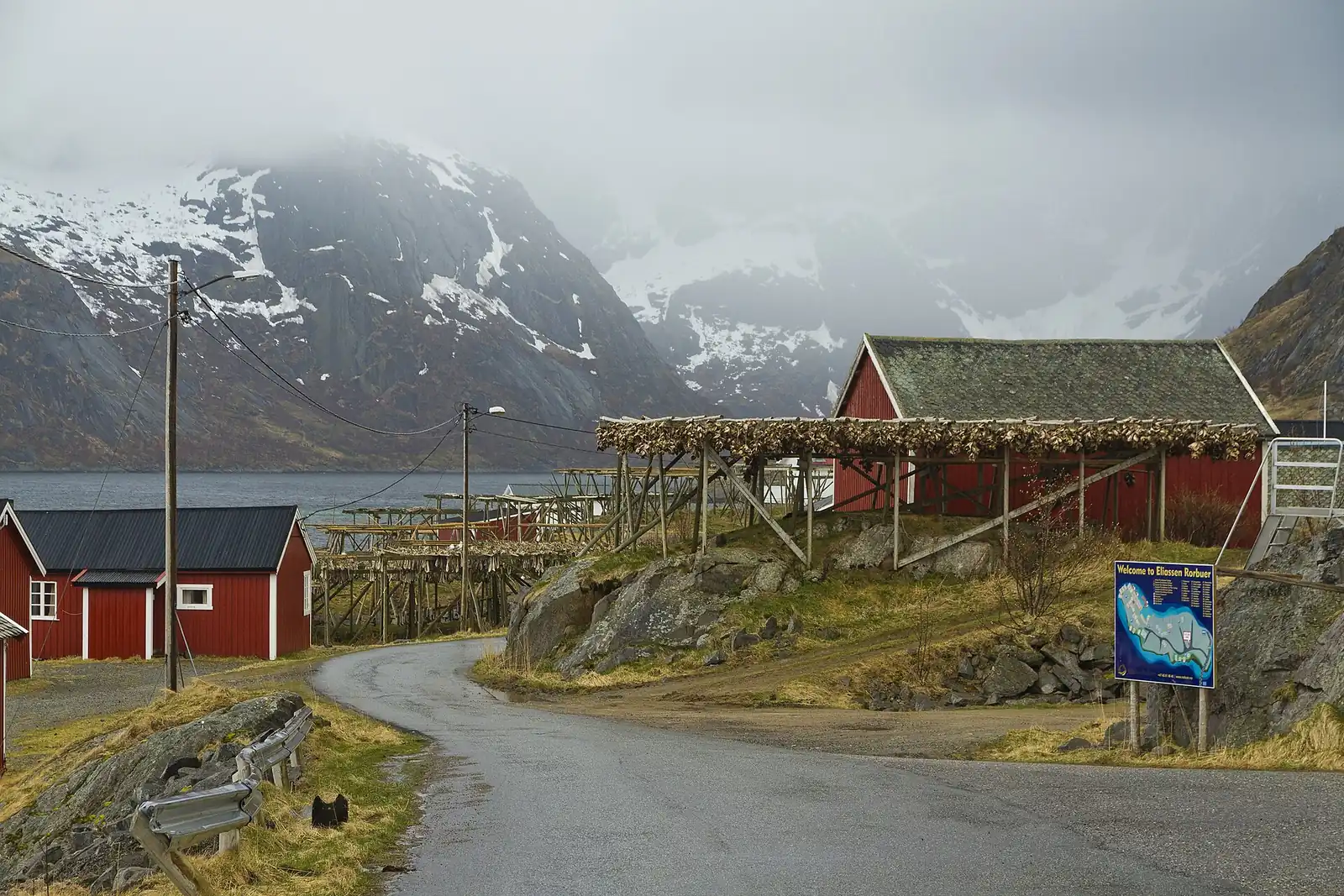 Red fishermen's cabins on stilts beside the harbour at Hamnøya, Lofoten