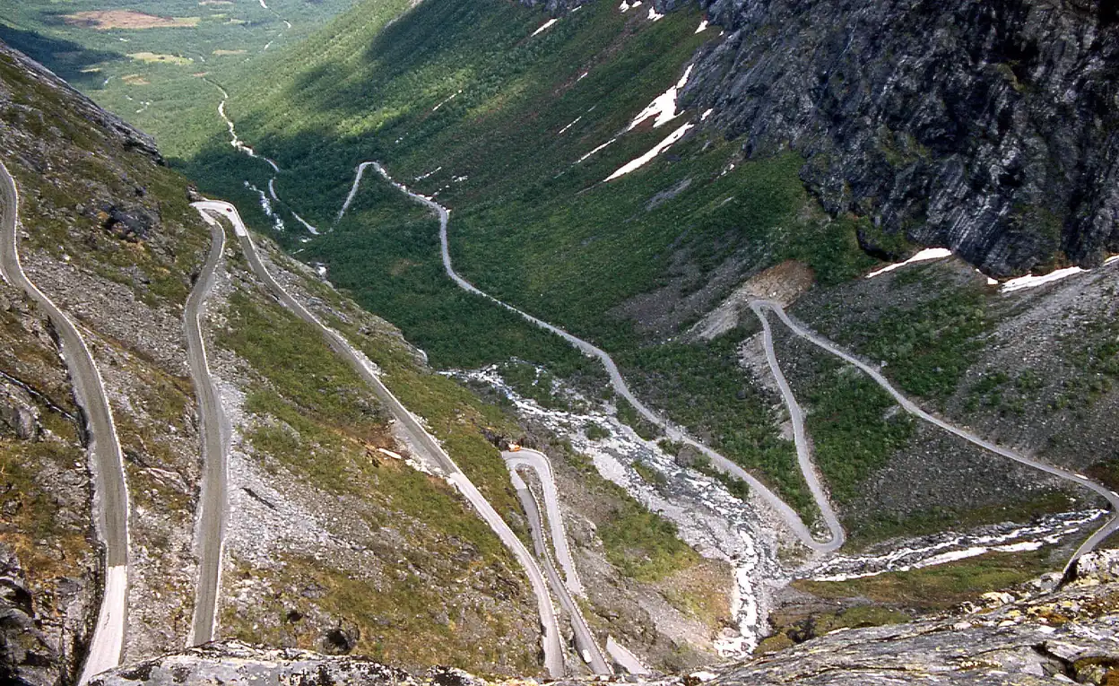 Trollstigen's hairpin bends climbing the mountainside in Norway